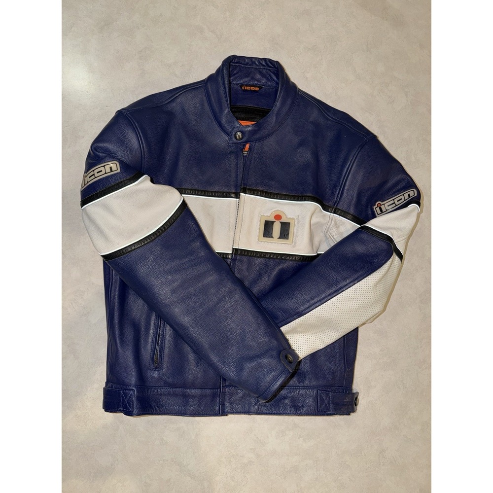 Icon Leather Neo Daytona Motorcycle Racing Jacket Armoured Size 42 Blue